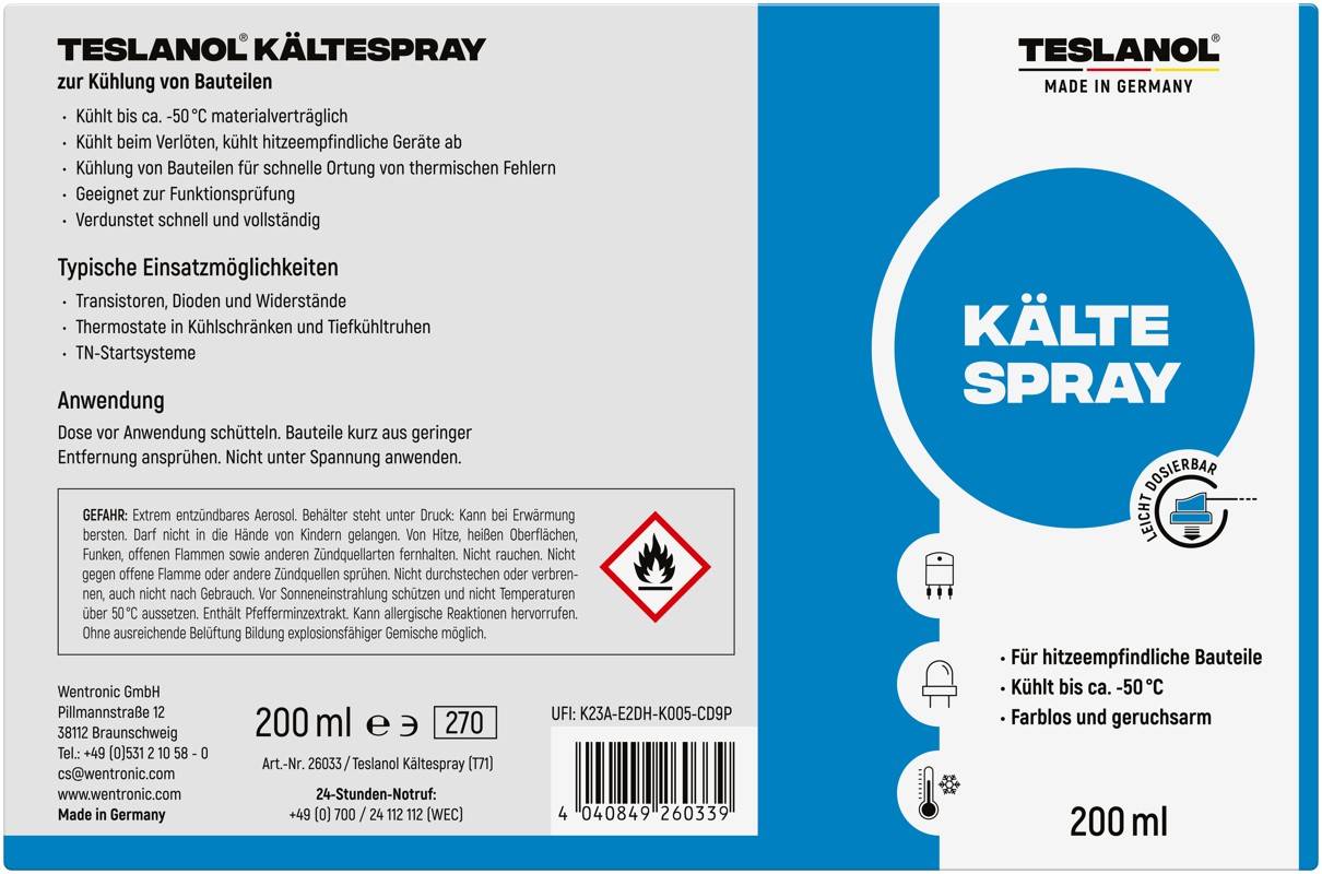 Teslanol 26033 Kältespray zur Kühlung von hitzeempfindlichen Bauteilen Kälteschockspray Kühlspray Spraydose 200 ml