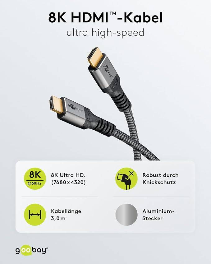 Goobay Plus 65262 Ultra Highspeed HDMI Kabel UHD 8K @ 60Hz Monitorkabel / 48 Gbits Textilkabel Shark Skin / Grau / 3m
