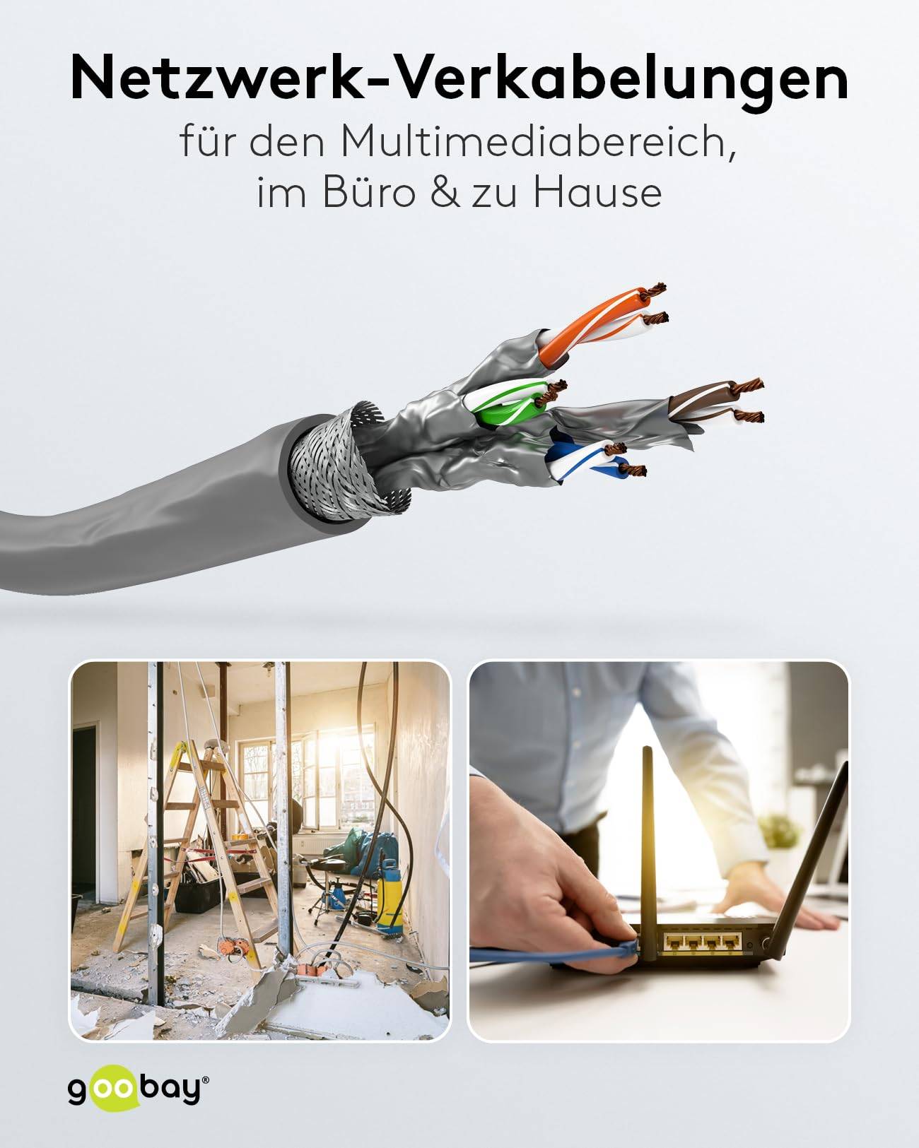 Goobay CAT 6A Netzwerkkabel S/FTP / Kupfer Twisted Pair / 500 MHz LAN Ethernet Kabel halogenfrei / Grau / 50m