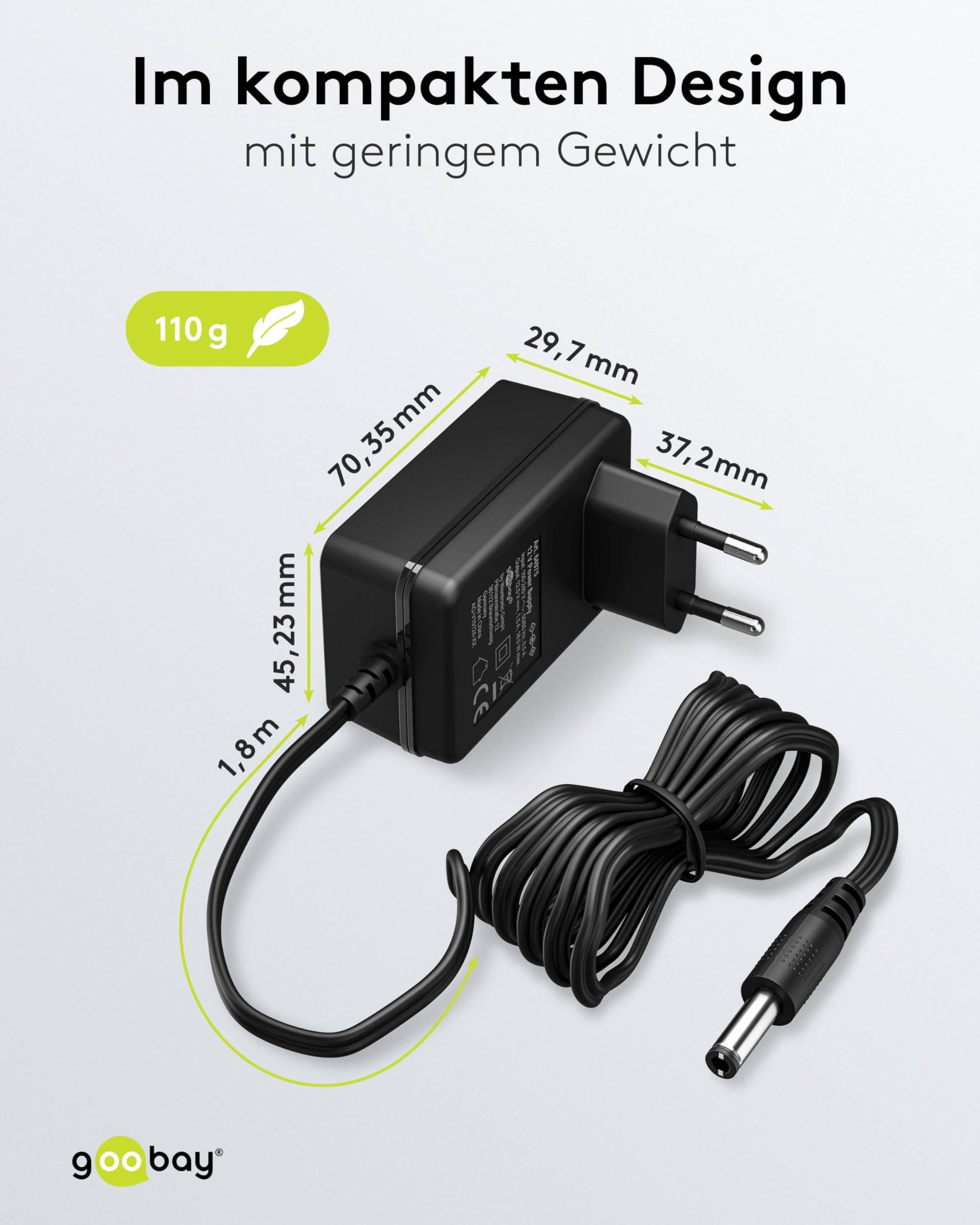 Goobay 64975 12V Netzteil DC Stecker 5,5 x 2,1mm Ladegerät 1,5A / 18W Festspannung Steckernetzteil Netzadapter / Schwarz