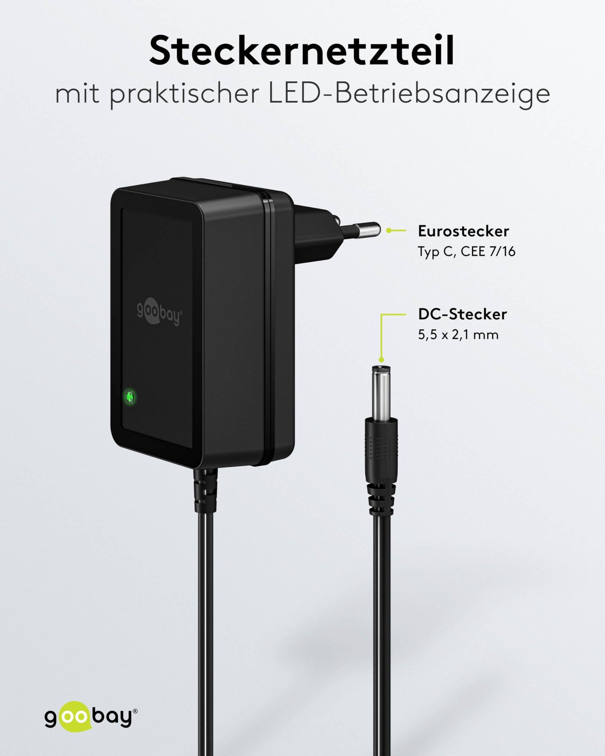 Goobay 64975 12V Netzteil DC Stecker 5,5 x 2,1mm Ladegerät 1,5A / 18W Festspannung Steckernetzteil Netzadapter / Schwarz
