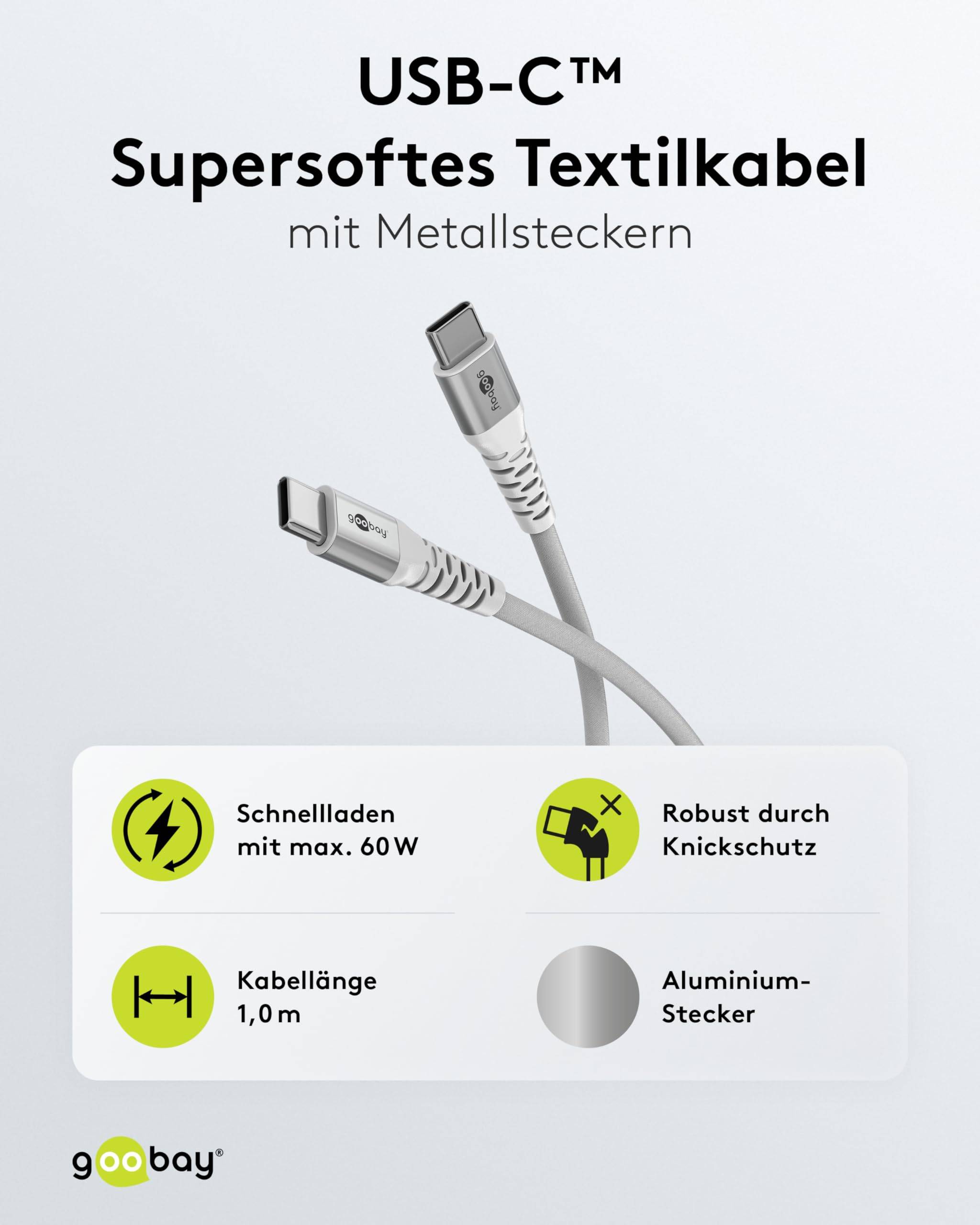 Goobay 70193 USB C auf USB C Ladekabel 60W / Textilkabel 480 Mbits / USB 2.0 Typ C Adapterkabel Stoffkabel / Weiß / 1m