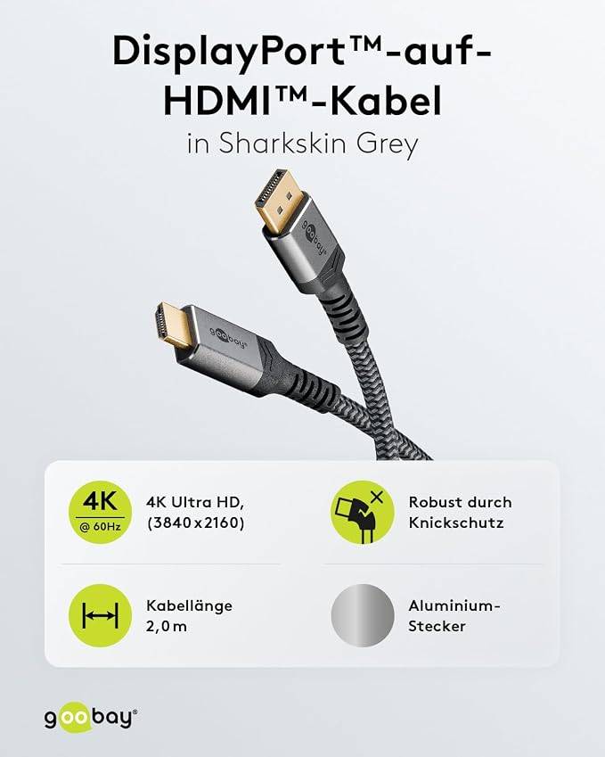 Goobay Plus 65269 DisplayPort auf HDMI Kabel Gaming Monitorkabel UHD 4K @ 60Hz Textilkabel Shark Skin 18 Gbit/s Grau 2m