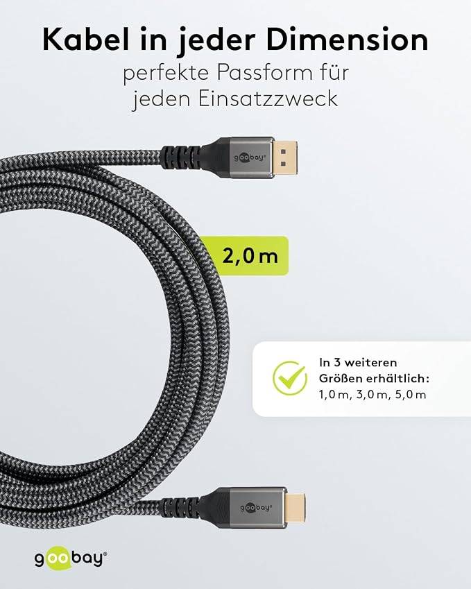 Goobay Plus 65269 DisplayPort auf HDMI Kabel Gaming Monitorkabel UHD 4K @ 60Hz Textilkabel Shark Skin 18 Gbit/s Grau 2m