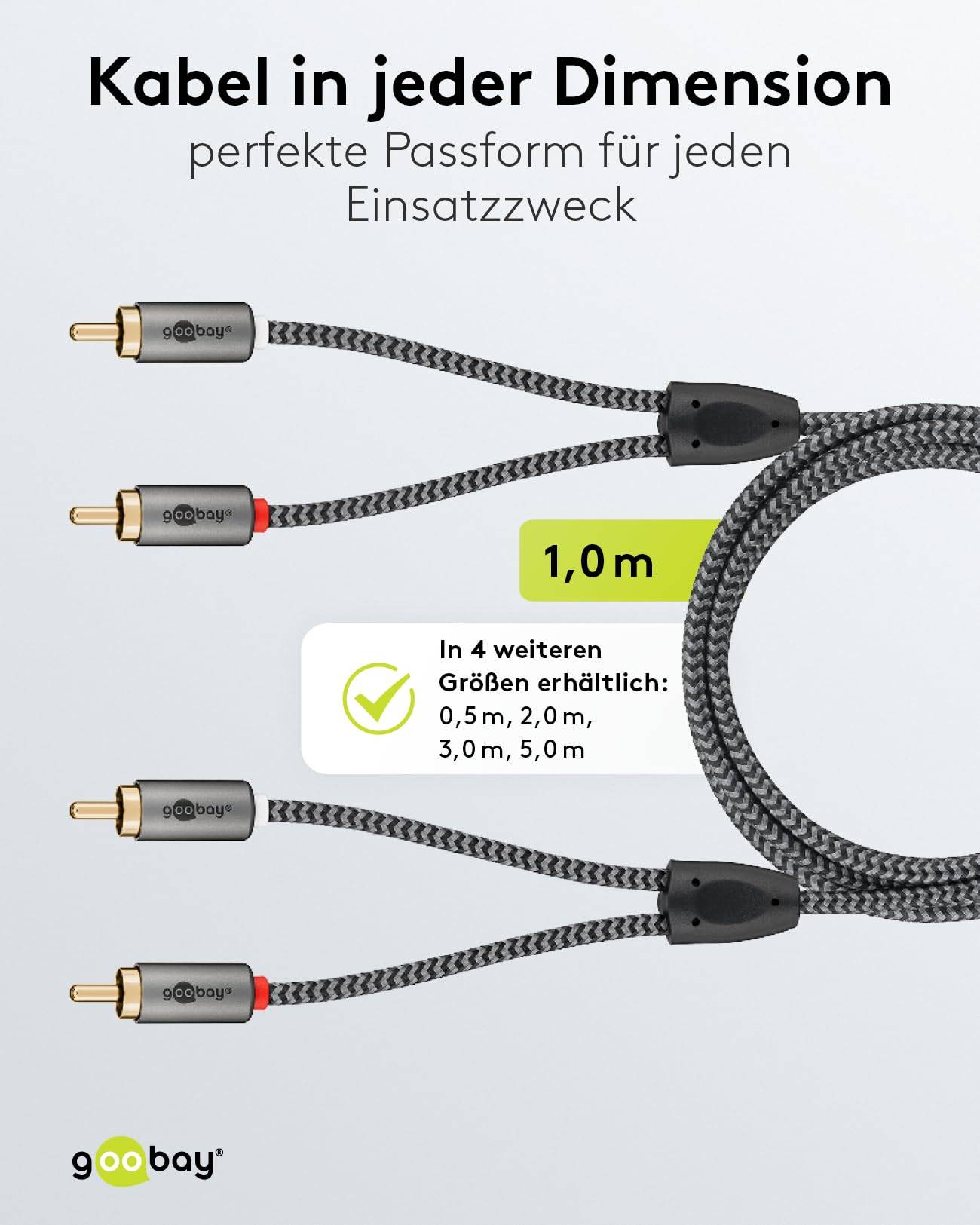 Goobay Plus 65292 Stereo Cinchkabel 2x Cinch-Stecker auf 2x Cinchstecker / Audiokabel Textilkabel Shark Skin Grau / 1m
