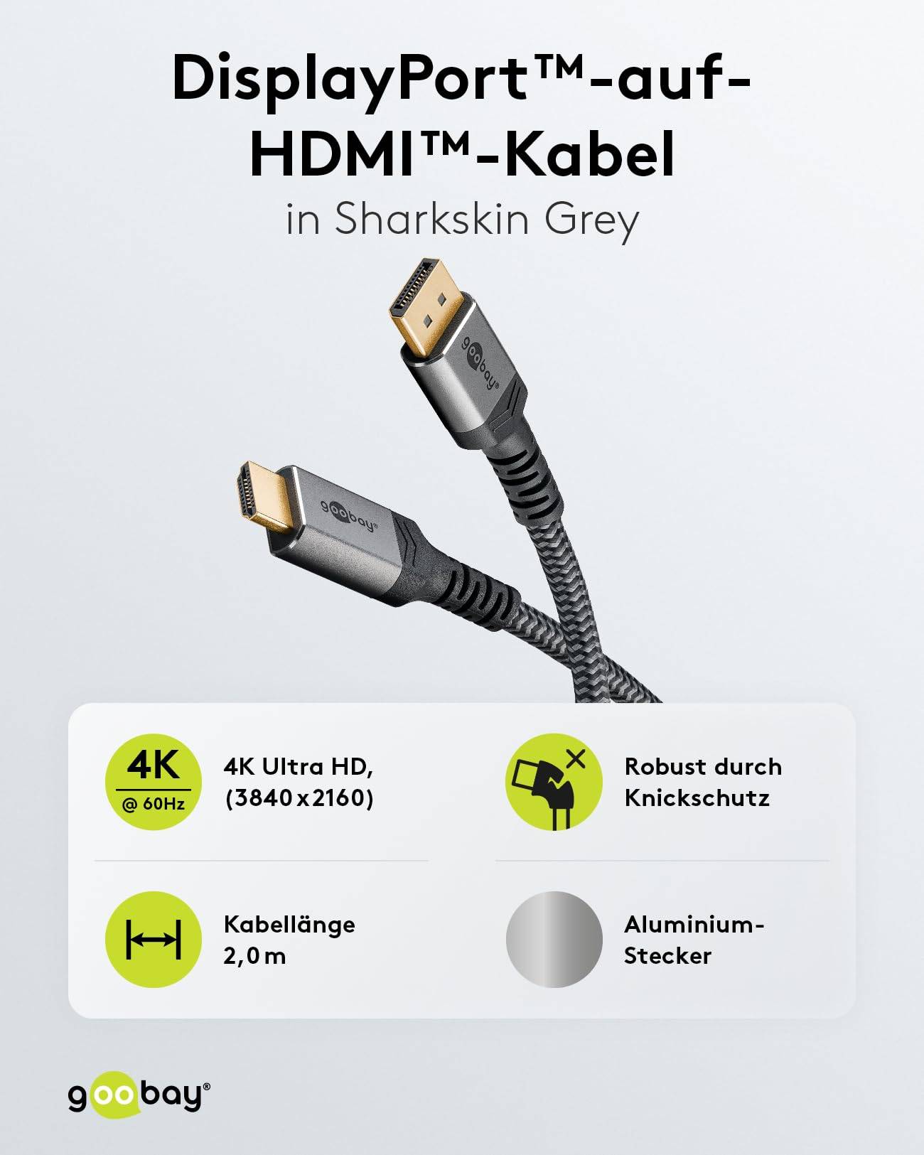 Goobay Plus 65269 DisplayPort auf HDMI Kabel Gaming Monitorkabel UHD 4K @ 60Hz Textilkabel Shark Skin 18 Gbit/s Grau 2m