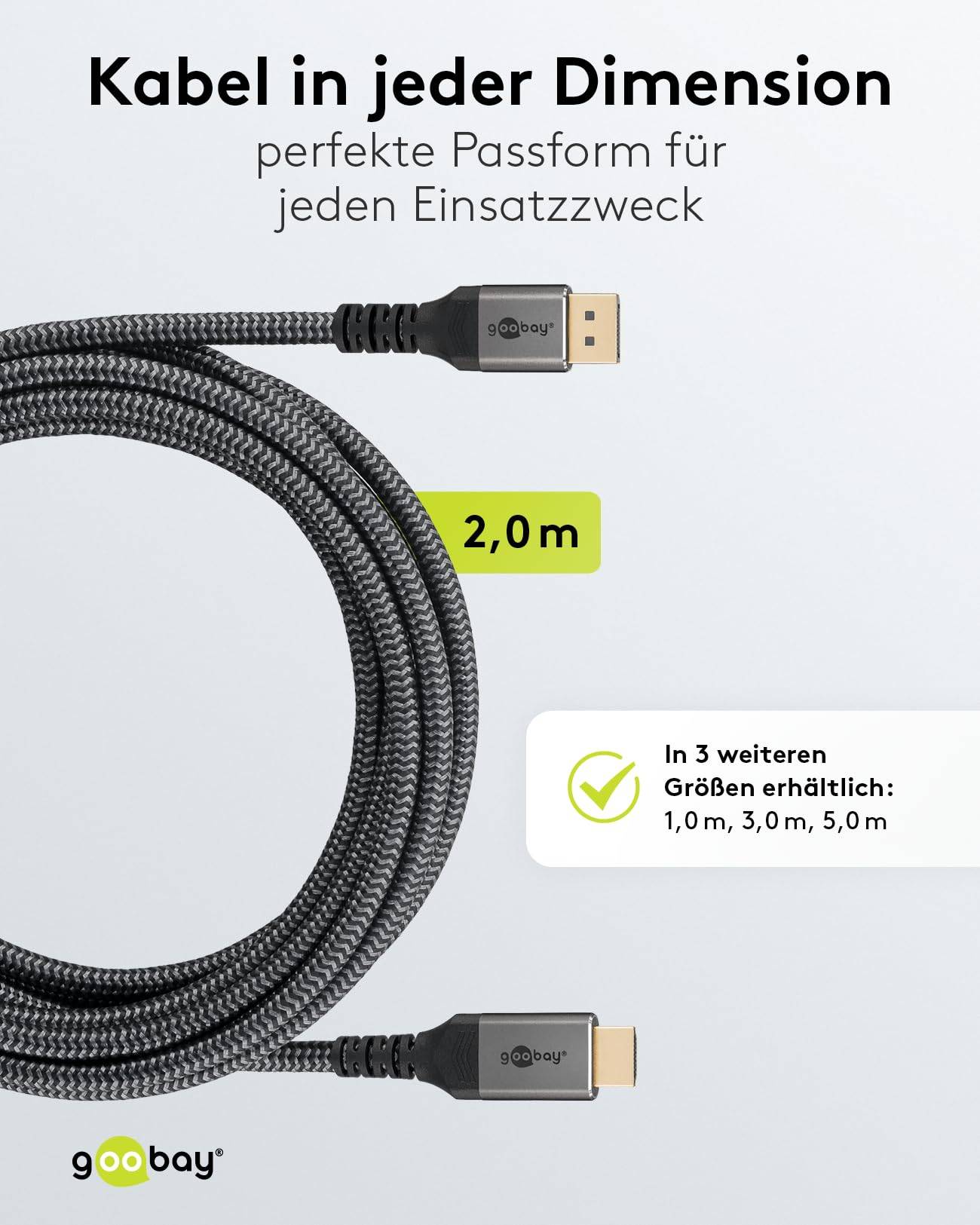 Goobay Plus 65269 DisplayPort auf HDMI Kabel Gaming Monitorkabel UHD 4K @ 60Hz Textilkabel Shark Skin 18 Gbit/s Grau 2m