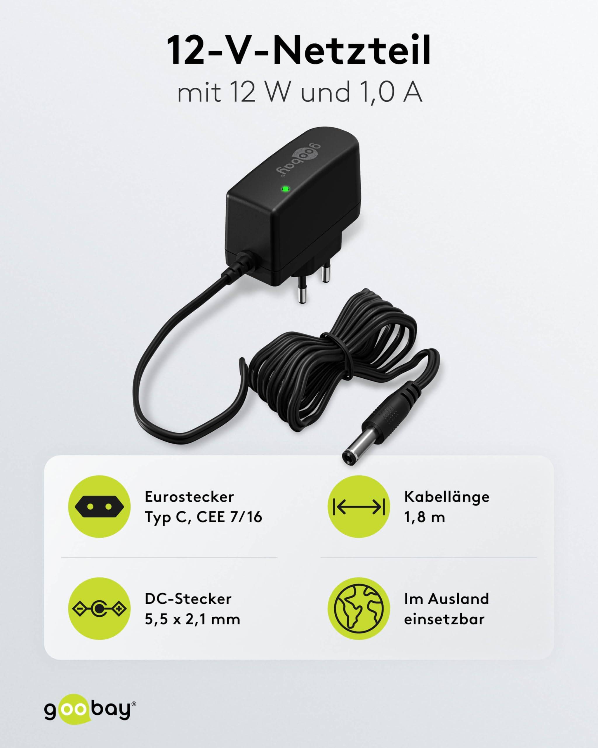 Goobay 64977 12V Netzteil DC Stecker 5,5 x 2,1mm Ladegerät 1A / 12W Festspannung Steckernetzteil Netzadapter / Schwarz