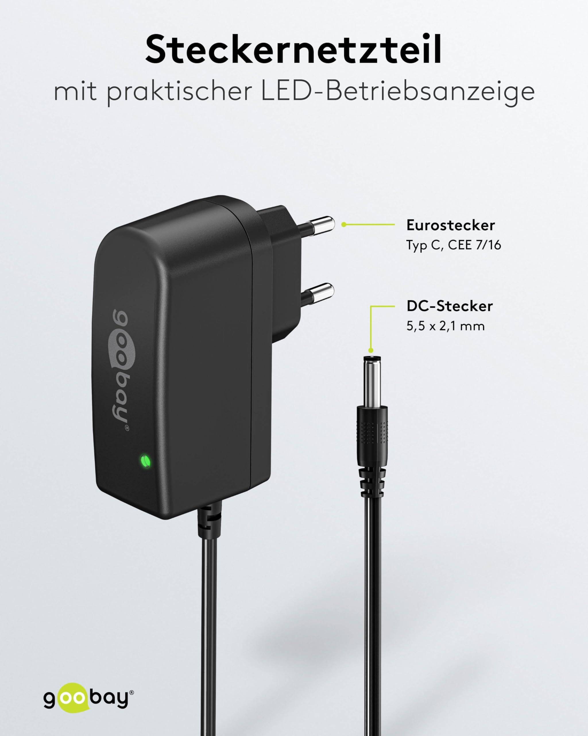 Goobay 64977 12V Netzteil DC Stecker 5,5 x 2,1mm Ladegerät 1A / 12W Festspannung Steckernetzteil Netzadapter / Schwarz