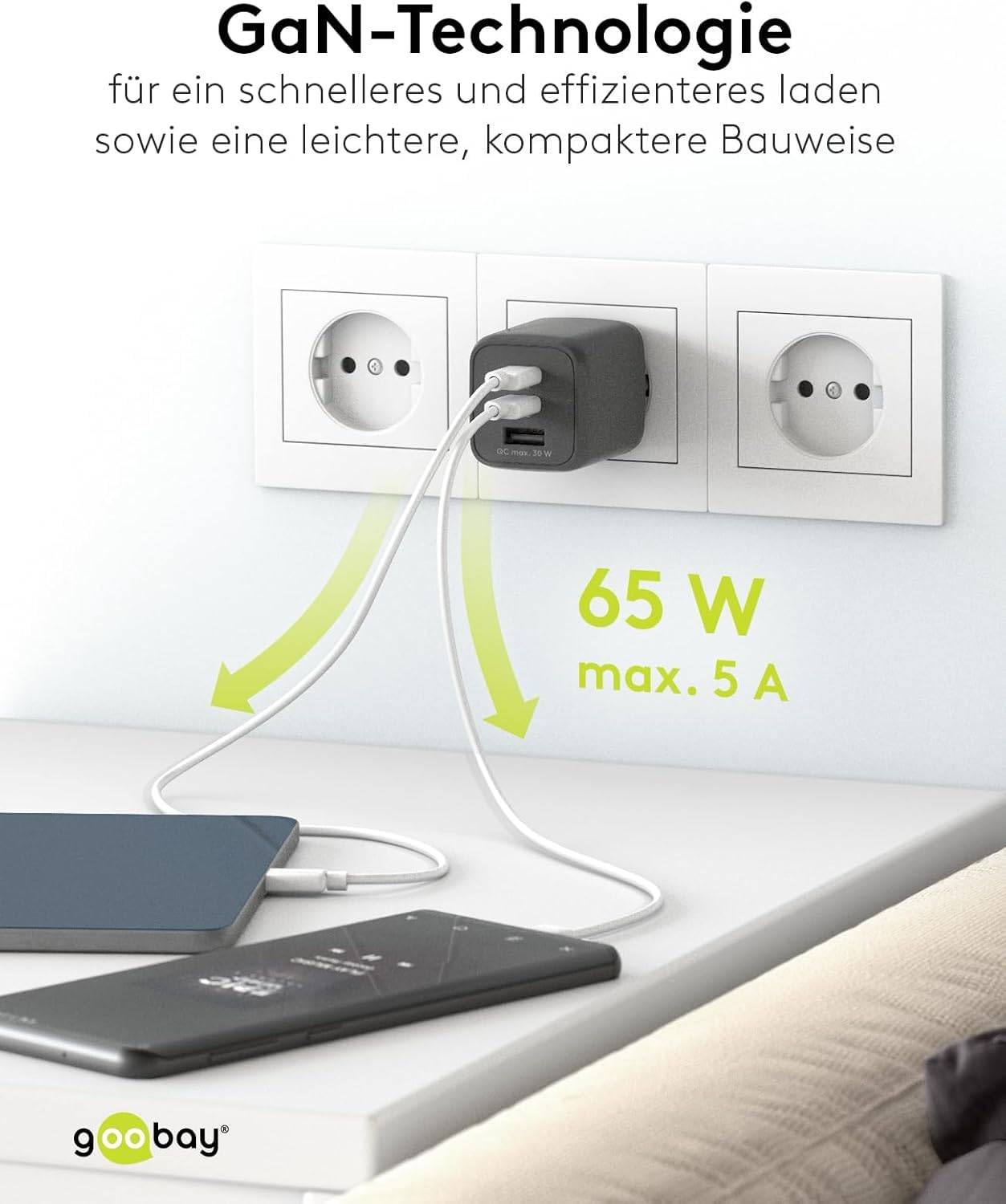 Goobay 64753 Nano USB Netzteil 65W Power Delivery Charger, 3 Port Universal Ladegerät, USB-C & USB-A Adapter, Schwarz