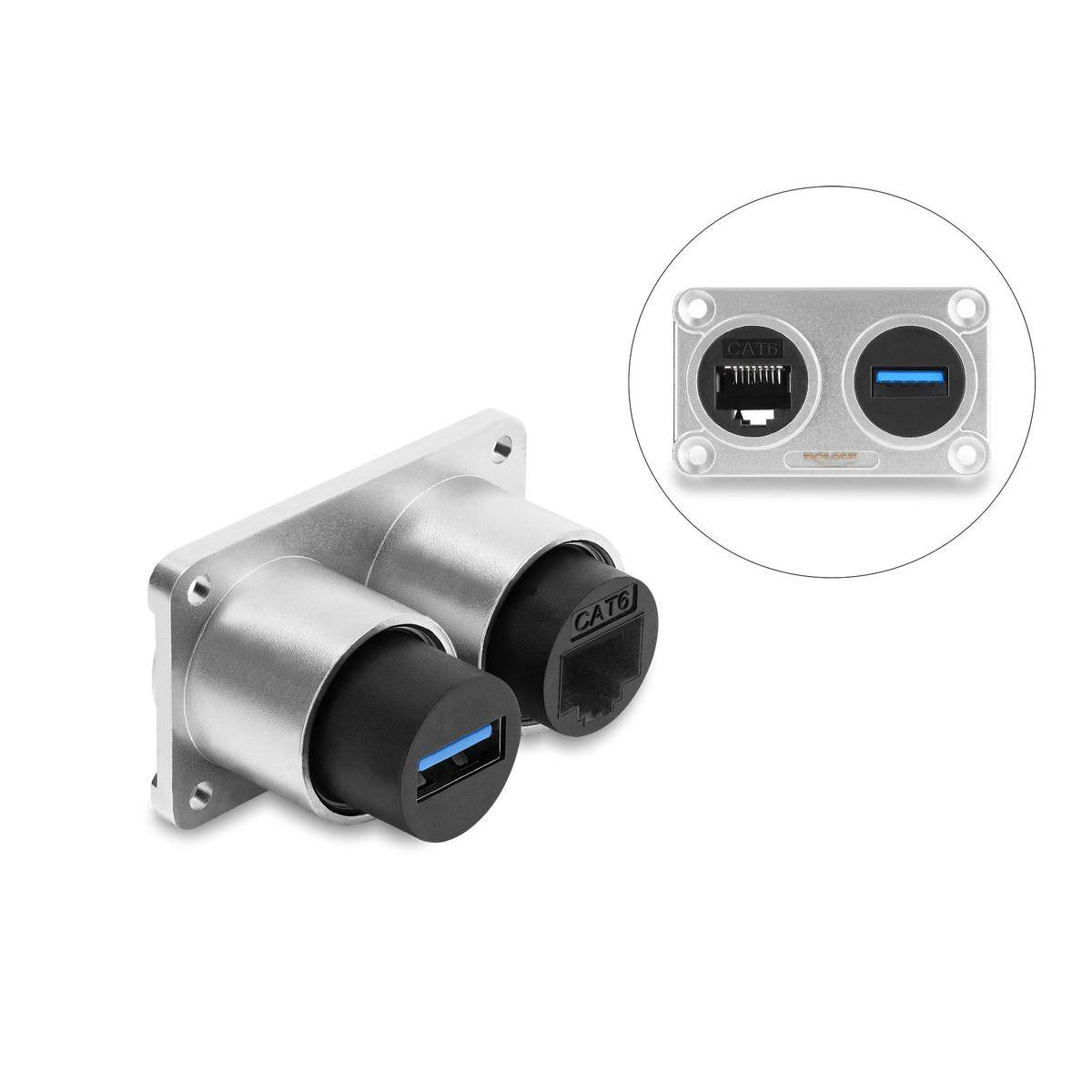 DELOCK Dual EinbauBu USB 5Gbps Typ-A Bu+RJ45 Bu Cat.6 silber