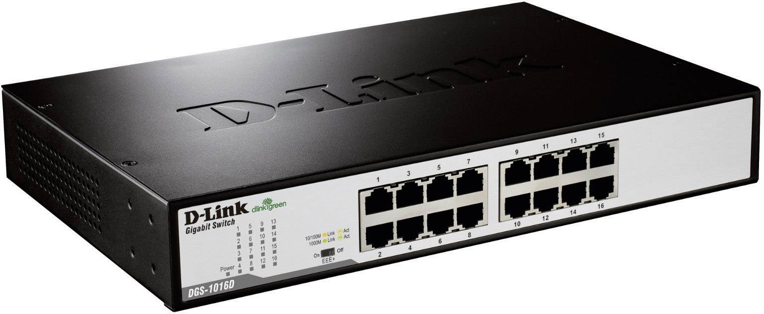 Schwarzer D-Link 16-Port Gigabit-Switch, Modell DGS-1016D, für Netzwerkanwendungen, mit Anzeigeleuchten für Portstatus.