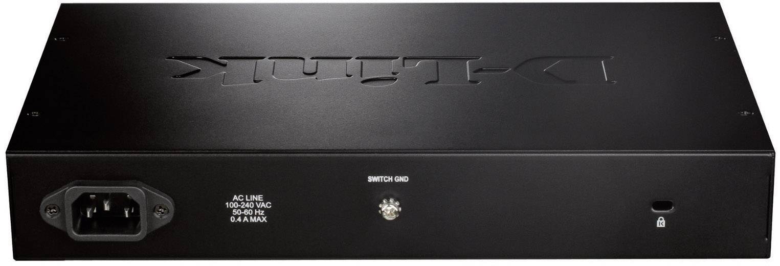 Ein schwarzer D-Link Netzwerkswitch mit Stromanschluss und Schalter, geeignet für Spannungen von 100-240V AC, 0,6A max.