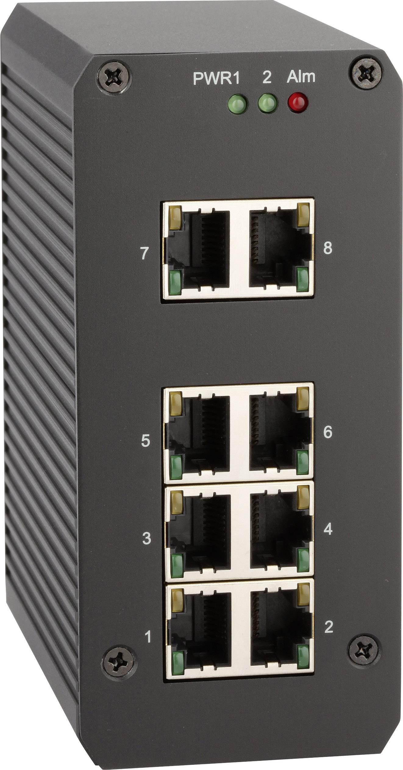 Schwarzer Ethernet-Switch mit acht RJ45-Anschlüssen und drei LEDs für Statusanzeigen auf der Vorderseite: PWR1, 2 und Alm.