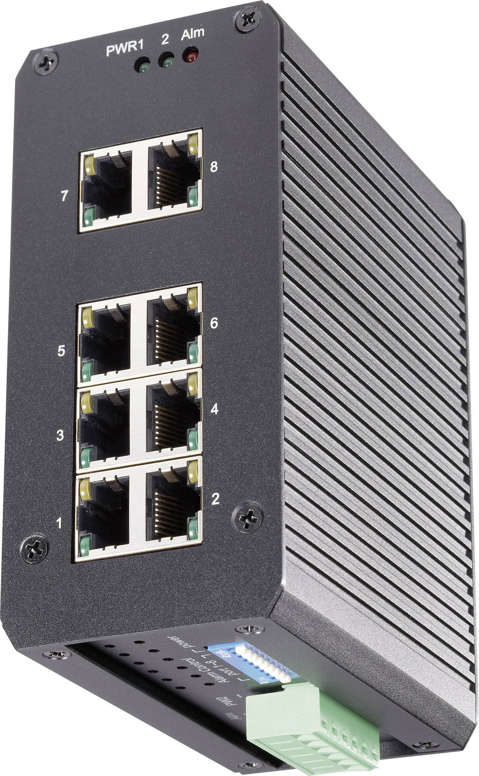 Ein industrieller Ethernet-Switch mit acht Netzwerkanschlüssen, geeignet für raue Umgebungen.