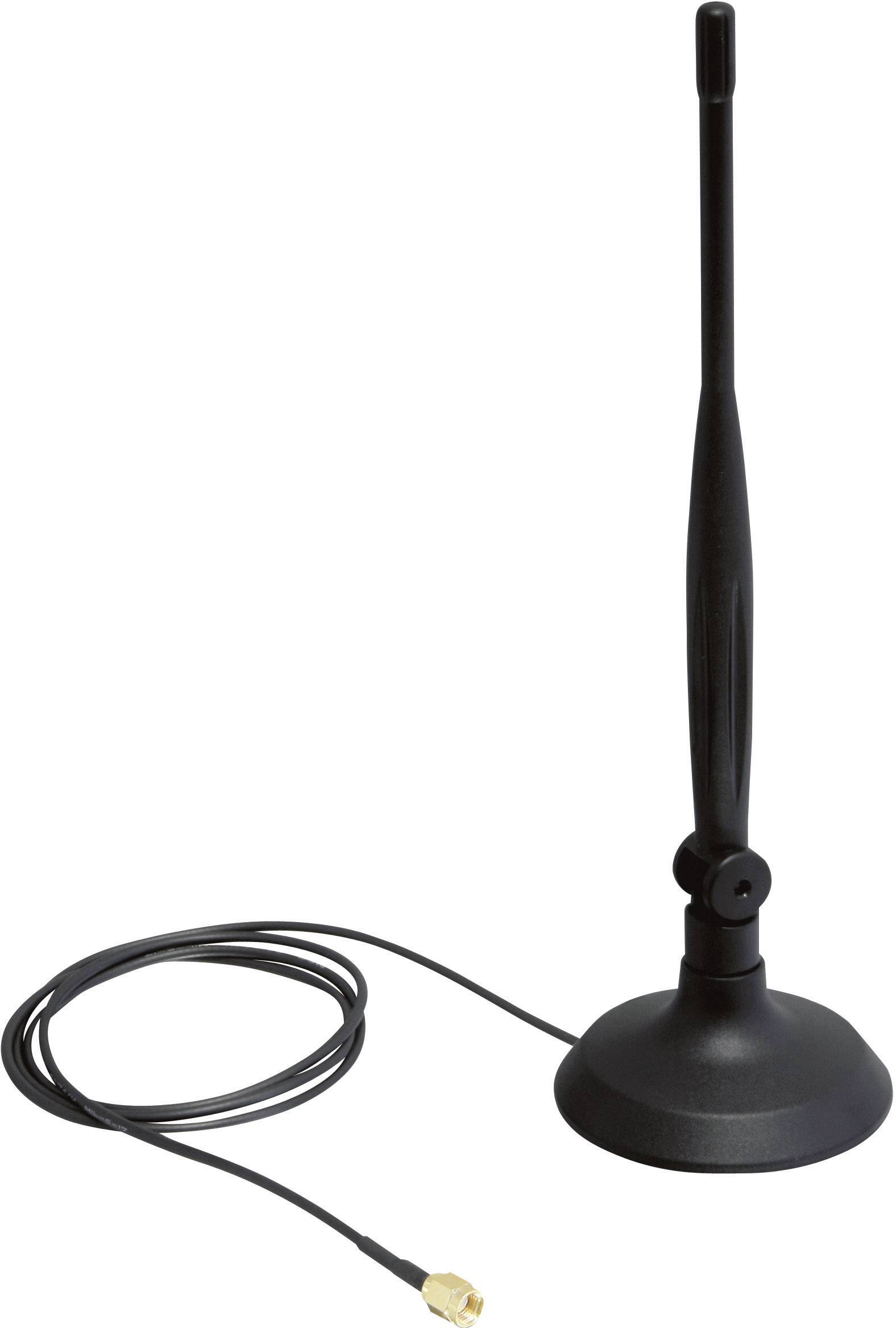 Eine schwarze Antenne mit runder Basis und angeschlossenem Kabel. Sie ist aufrecht stehend und wird üblicherweise für den Empfang von Funksignalen verwendet.