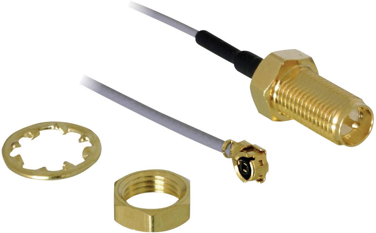 Ein goldfarbener SMA-Stecker mit einer Unterlegscheibe, einer Sechskantmutter und einem Kabel, typisch für Antennenverbindungen.