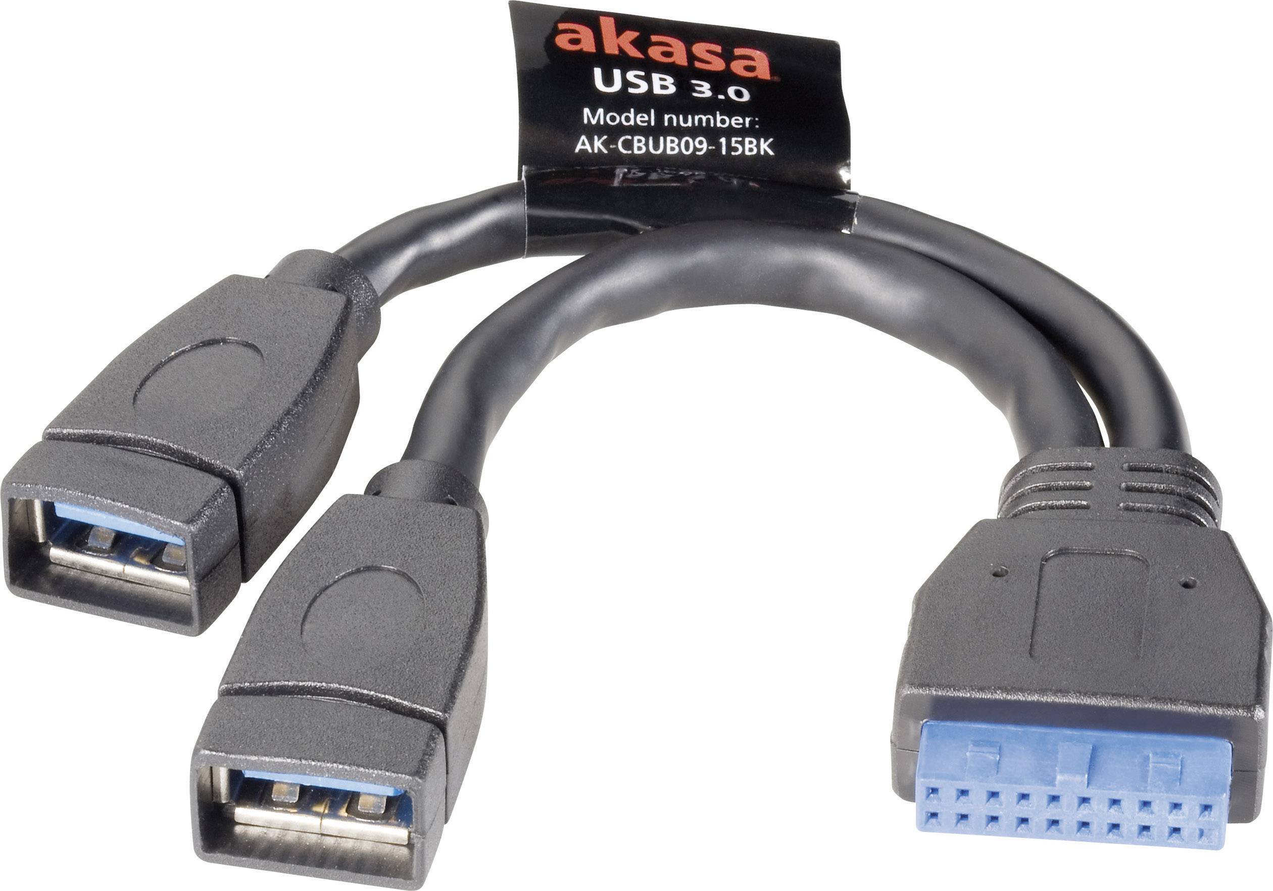 Ein USB 3.0 Kabeladapter von Akasa mit zwei USB-Anschlüssen und einem blauen Stecker. Modellnummer: AK-CBUB09-15BK.