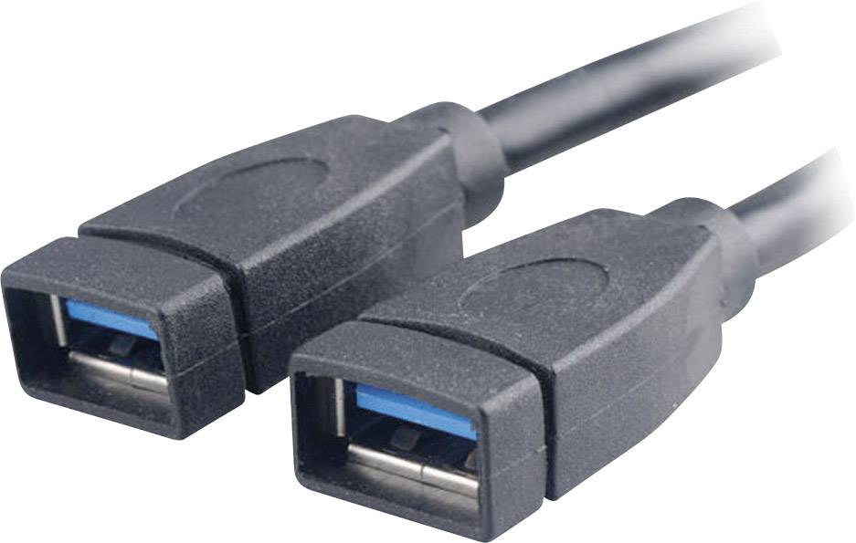 Zwei schwarze USB-Kabel mit blauen Anschlüssen, die nebeneinander liegen.