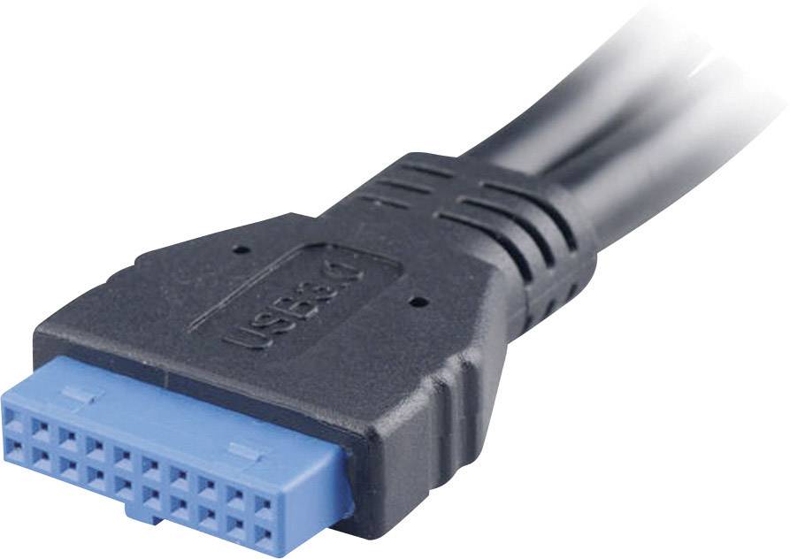 'USB 3.0' Kabelstecker mit blauer Buchse und schwarzem Griff. Verbindet Geräte für Datenübertragung und Stromversorgung.