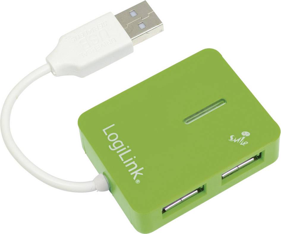 Ein grüner USB-Hub mit der Aufschrift 'LogiLink', bietet zwei USB-Anschlüsse und ein kurzes Verbindungskabel mit USB-Stecker.