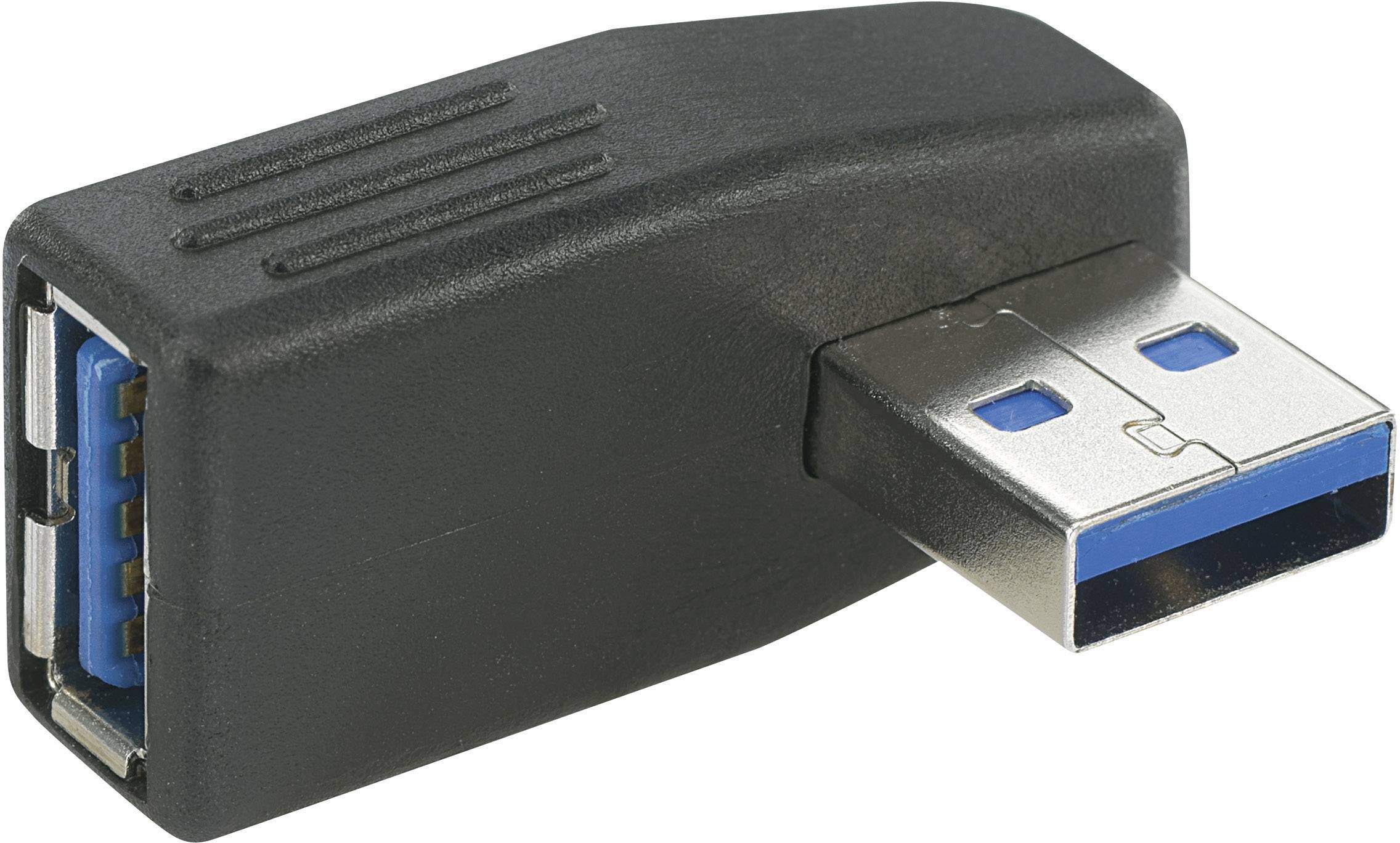 Ein USB-Adapter von USB-A zu USB-B. Der Adapter hat einen rechten Winkel für eine platzsparende Anschlussmöglichkeit.