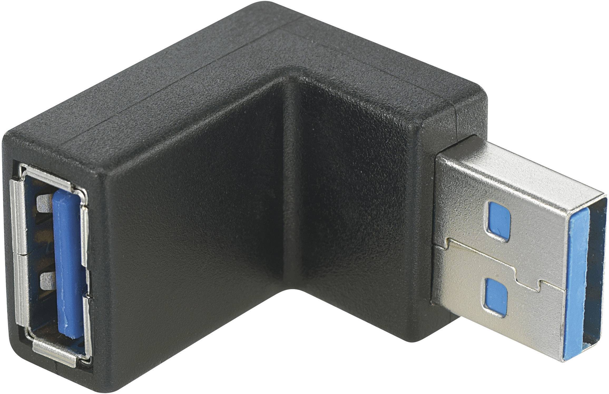 Ein schwarzer, L-förmiger USB 3.0 Adapter mit einem blauen Innenstecker. Der Adapter ermöglicht Winkelverbindungen für USB-Geräte.