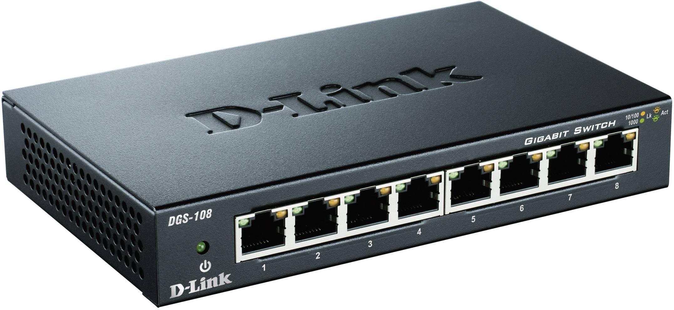 Ein D-Link Gigabit Switch DGS-108 mit acht Ethernet-Ports und grün leuchtender Kontrollleuchte an der Vorderseite.