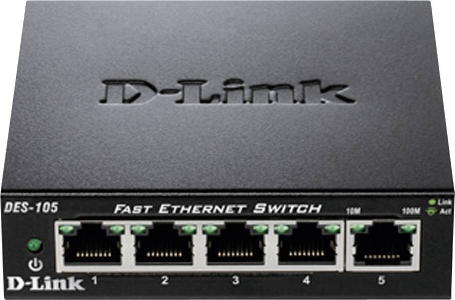 Ein schwarzer D-Link Fast Ethernet Switch, Modell DES-105, mit fünf Ethernet-Ports auf der Vorderseite.