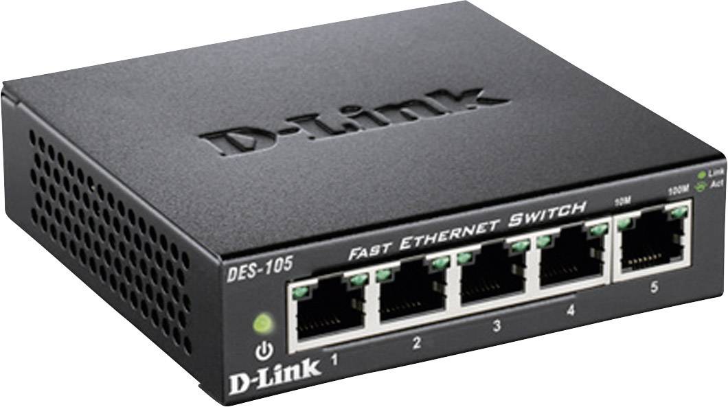 'Fast Ethernet Switch' mit fünf Ports und LED-Anzeigen zur Netzwerkverbindung. Markenname 'D-Link' auf der Oberseite.