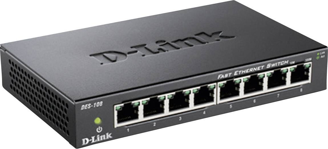 Ein schwarzer D-Link Fast Ethernet Switch mit acht Netzwerkanschlüssen auf der Vorderseite, Modellnummer 'DGS-108'.