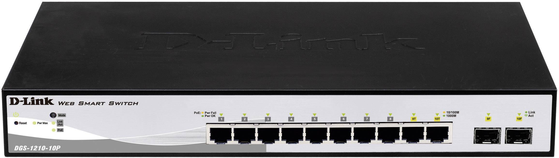 'D-Link Web Smart Switch' mit acht Ethernet-Ports und zwei SFP-Ports. Vorderseite zeigt Status-LEDs für Netzwerkbetrieb.