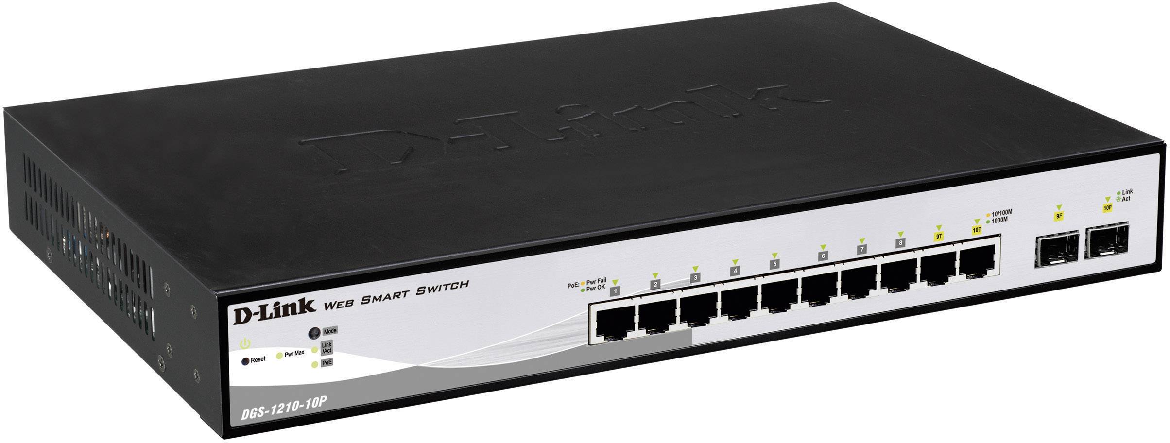 D-Link Web Smart Switch, Modell DGS-1210-10P, mit zehn Ethernet-Ports und zwei SFP-Ports, geeignet für Netzwerkkonfigurationen.
