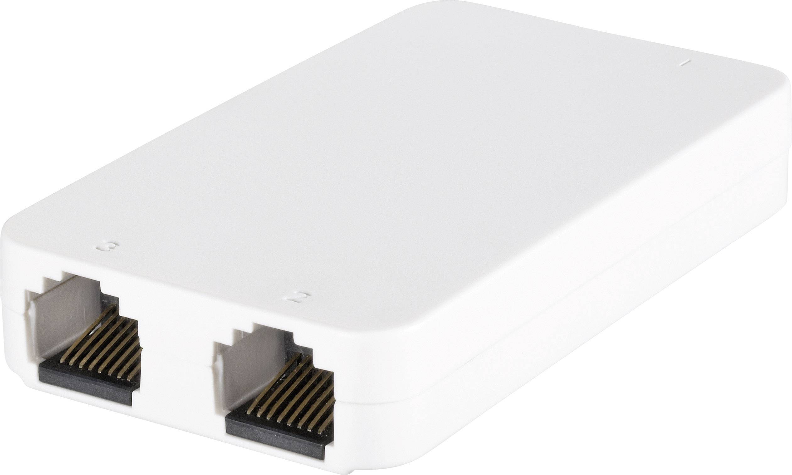 Ein kleines, rechteckiges, weißes Gerät mit zwei Ethernet-Anschlüssen, das zur Netzwerkverbindung verwendet wird.