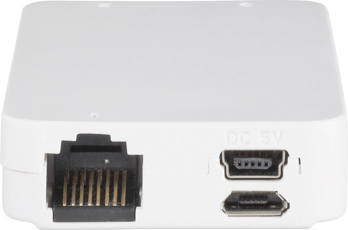 Ein weißes Gerät mit einem Ethernet-Anschluss links und zwei USB-Ports rechts für Stromversorgung und Datenverbindung.