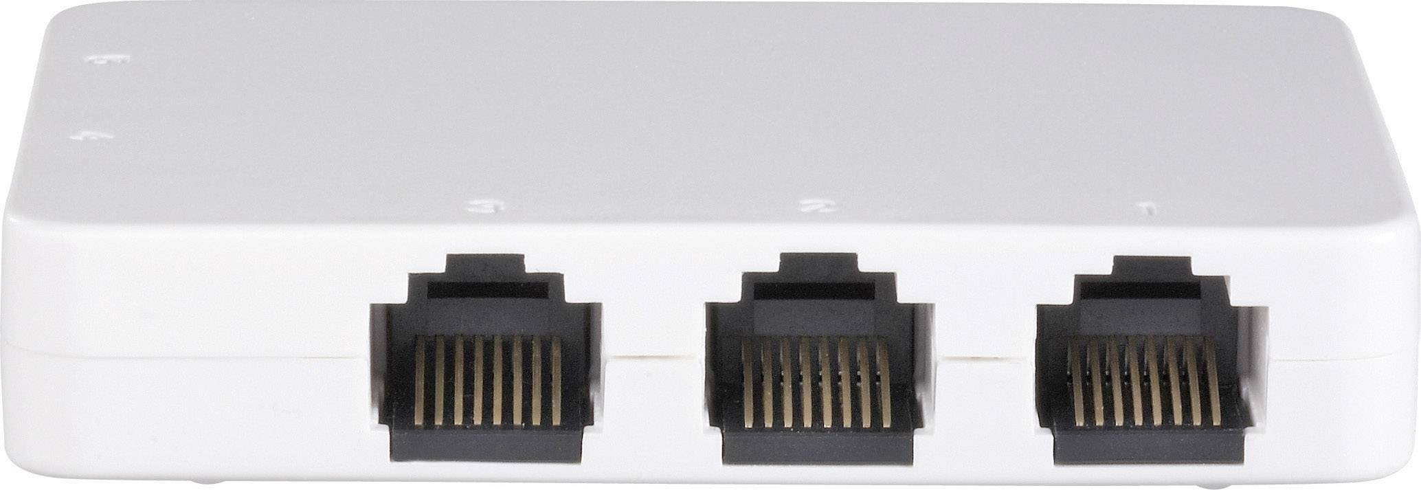 Ein weißer Netzwerk-Splitter mit drei Ethernet-Anschlüssen, geeignet für den Anschluss mehrerer Geräte an ein Netzwerk.