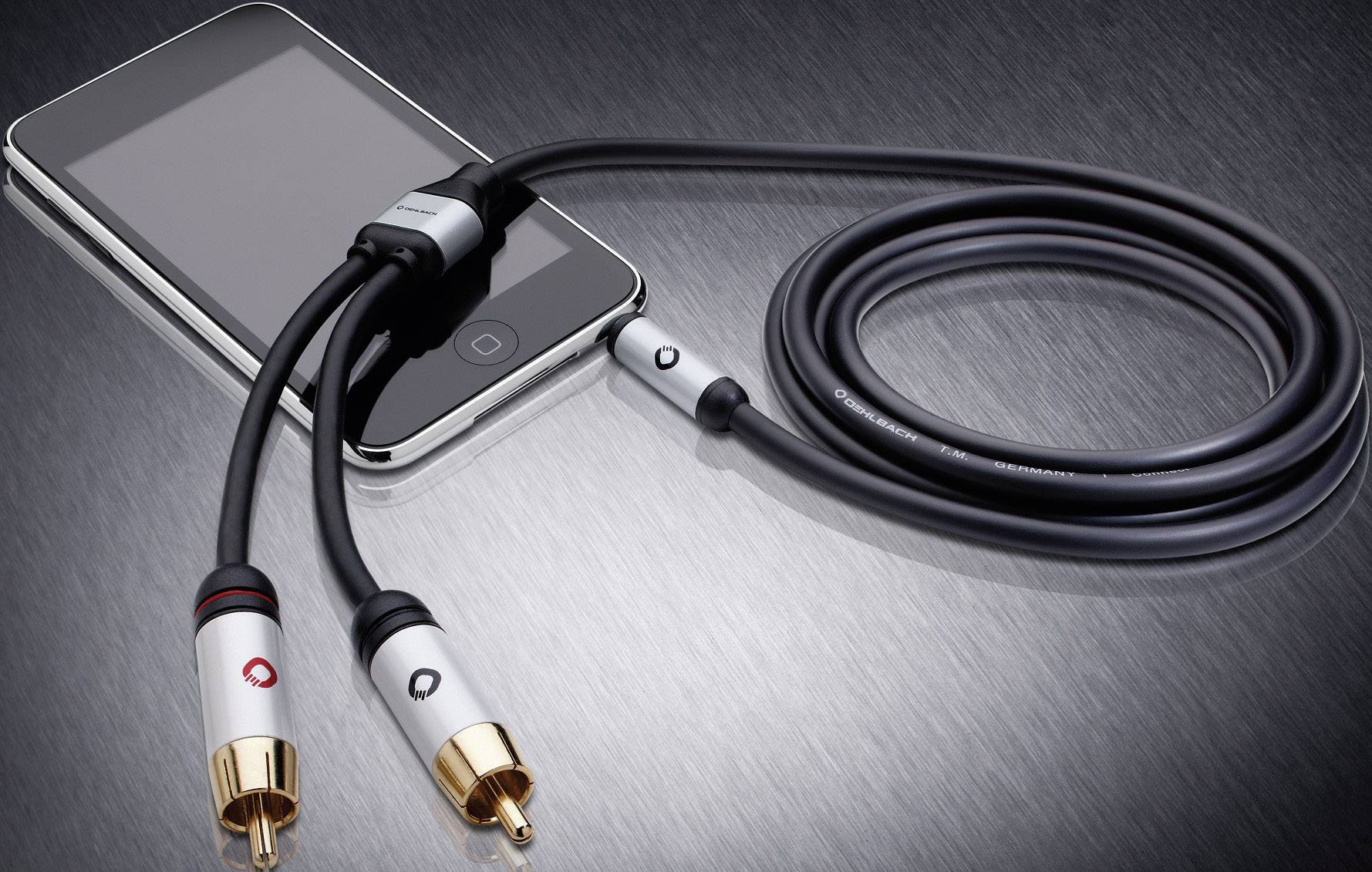 Oehlbach Cinch / Klinke Audio Anschlusskabel [2x Cinch-Stecker - 1x Klinkenstecker 3.5 mm] 5.00m Schwarz vergoldete Steckkontakte