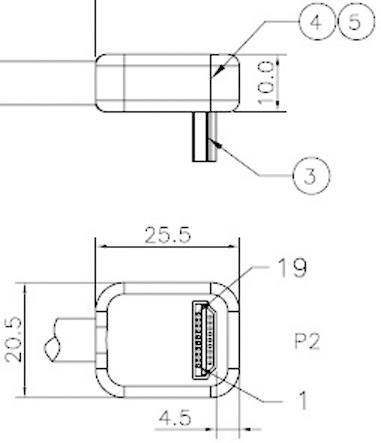 Technische Zeichnung eines Steckverbinders mit Maßen: Länge 25,5 mm, Breite 20,5 mm. Enthält Detailansichten und Beschriftungen der Bauteile.