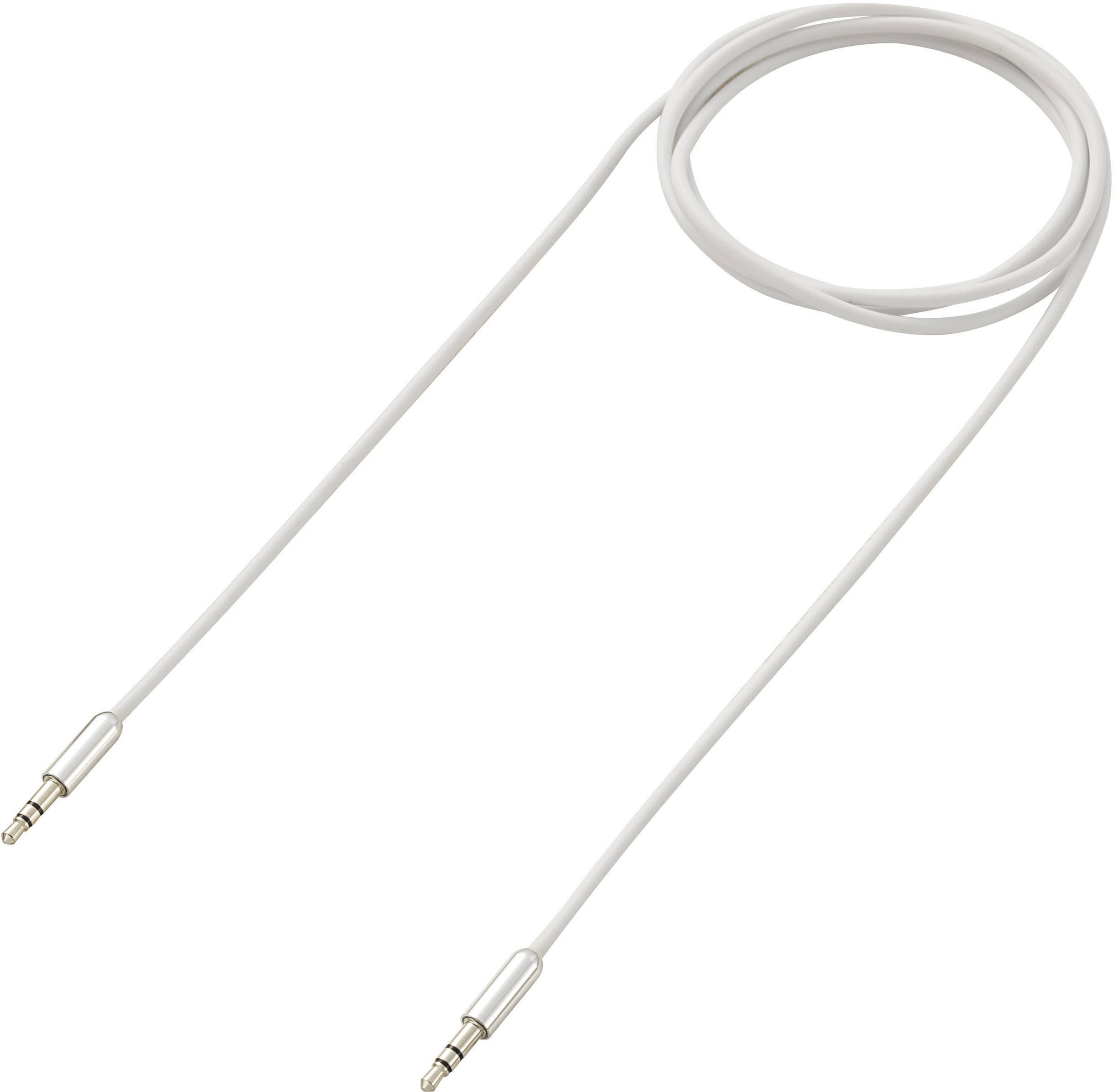 Ein weißes Audiokabel mit zwei 3,5-mm-Steckern an den Enden auf einem weißen Hintergrund.