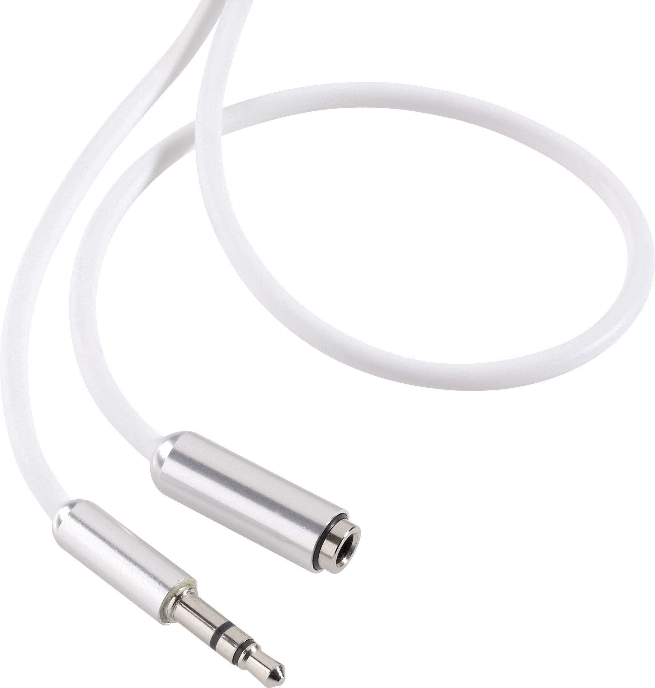 Ein weißes Audiokabel mit silbernen Steckverbindern links und einer Buchse rechts.
