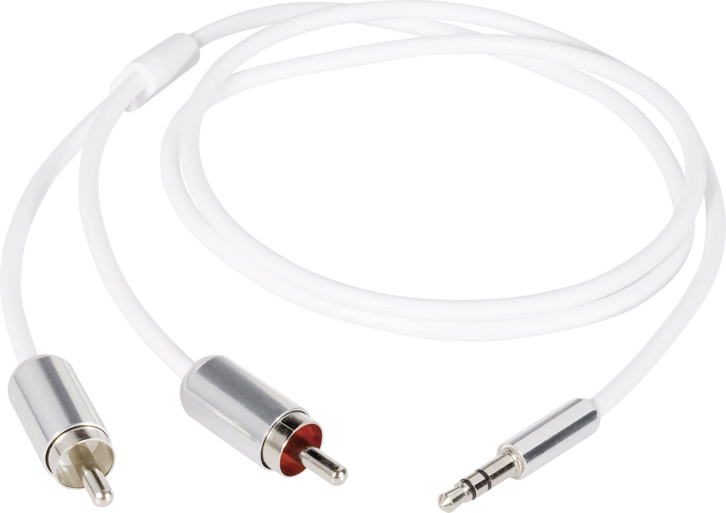 Weißes Audiokabel mit einem RCA-Stecker und einem 3,5-mm-Klinkenstecker. Ideal zum Verbinden von Audioquellen mit verschiedenen Geräten.