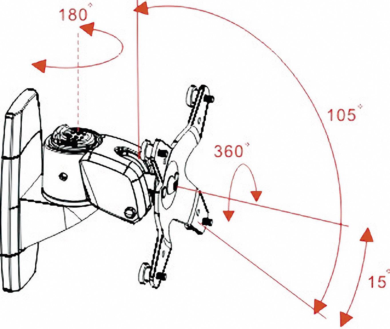 Skizze eines beweglichen Monitorarms. Zeigt Rotationswinkel: 360° um zentrale Achse, 180° seitwärts, 105° nach oben, 15° nach unten.