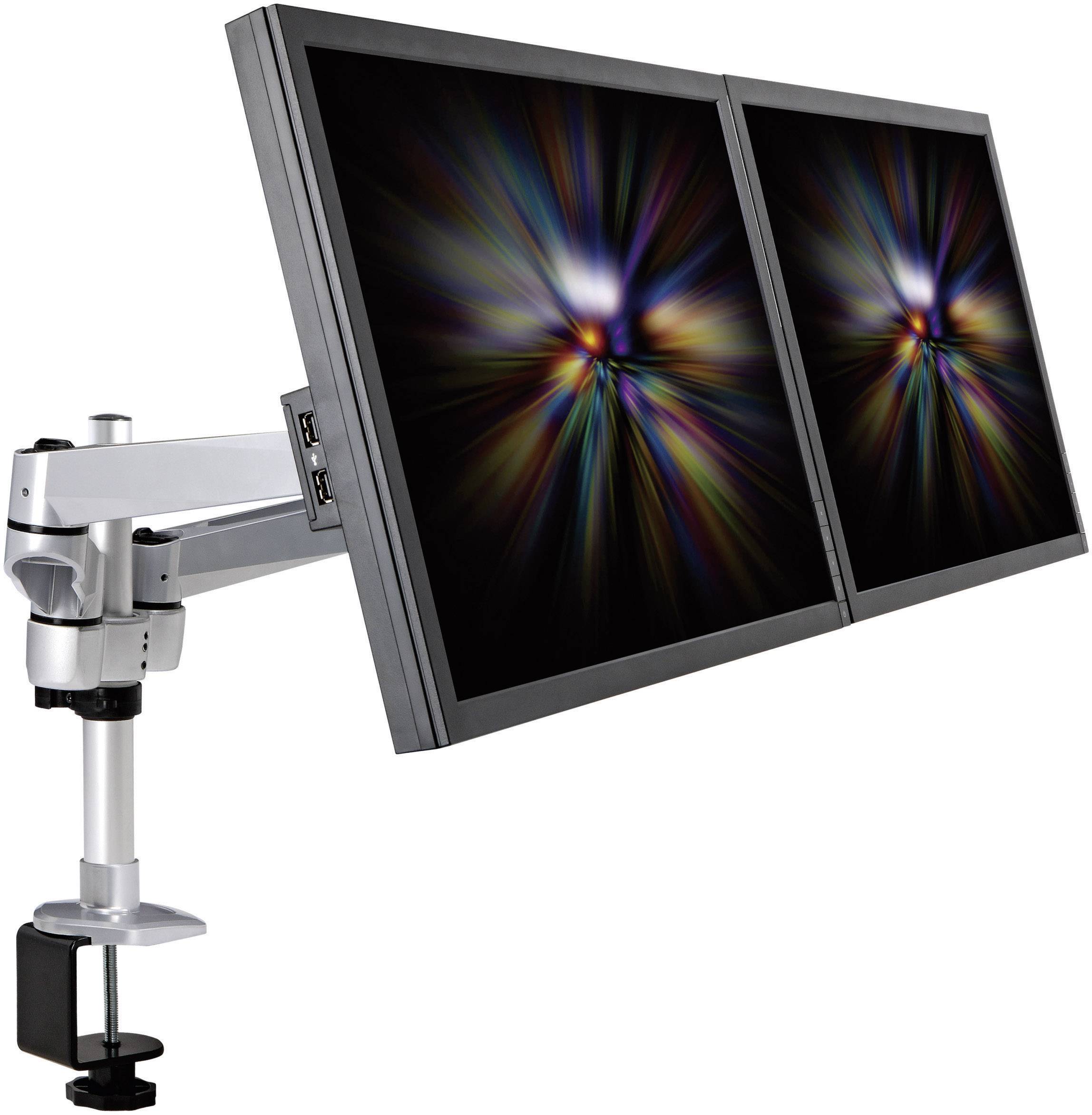 Zwei Computerbildschirme auf einem verstellbaren Ständer, die synchronisierte, bunte Lichtmuster anzeigen.