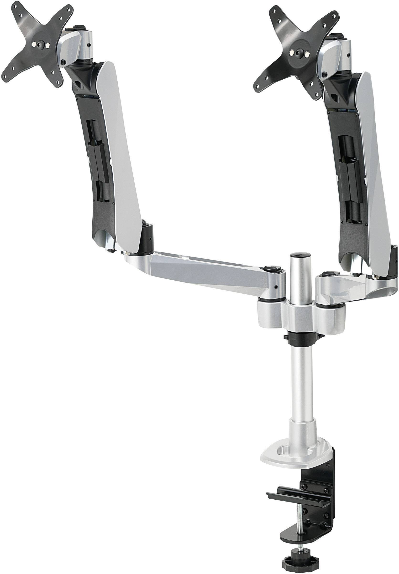 Ein verstellbarer, silberner Doppel-Monitorarm mit Tischklemme, geeignet zur Befestigung von zwei Monitoren für ergonomische Arbeitsplätze.