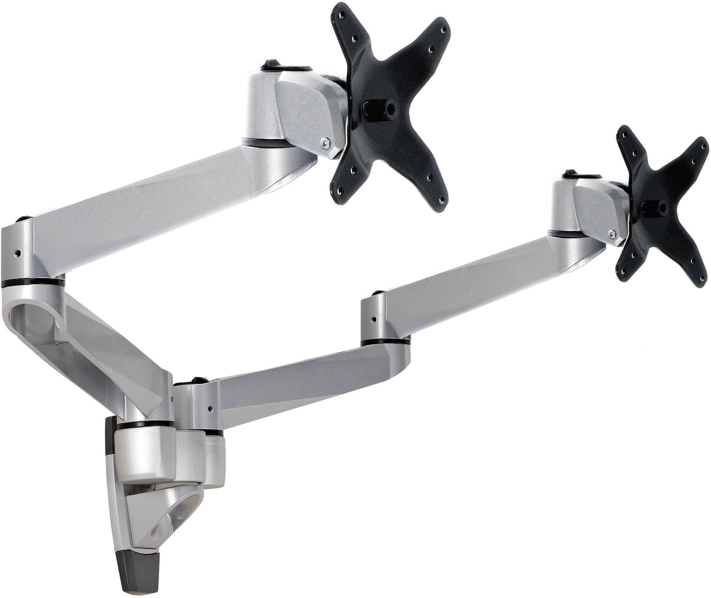 Zwei verstellbare Monitorhalterungen an einer Wandhalterung, flexibel einstellbar für ergonomische Arbeitsplätze.