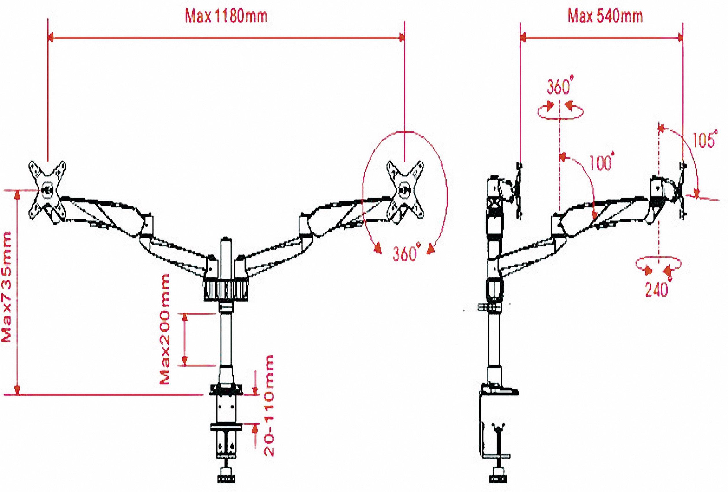 Technische Zeichnung eines verstellbaren Monitorarms mit Maßen und Rotationseinstellungen.