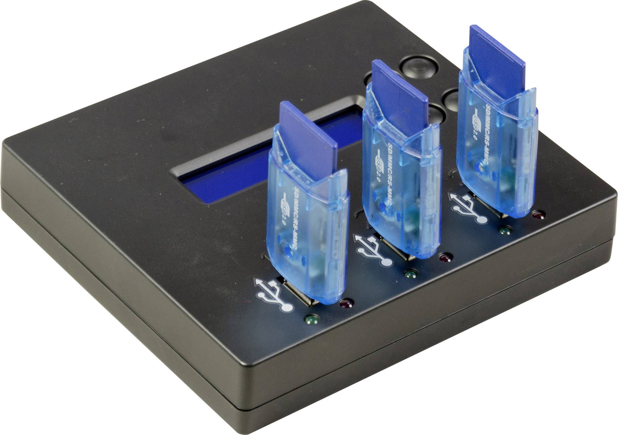Ein schwarzes USB-Gerät mit drei blauen Speicherkartenadaptern eingesteckt. Jeder Adapter hat eine kleine LED-Anzeige.