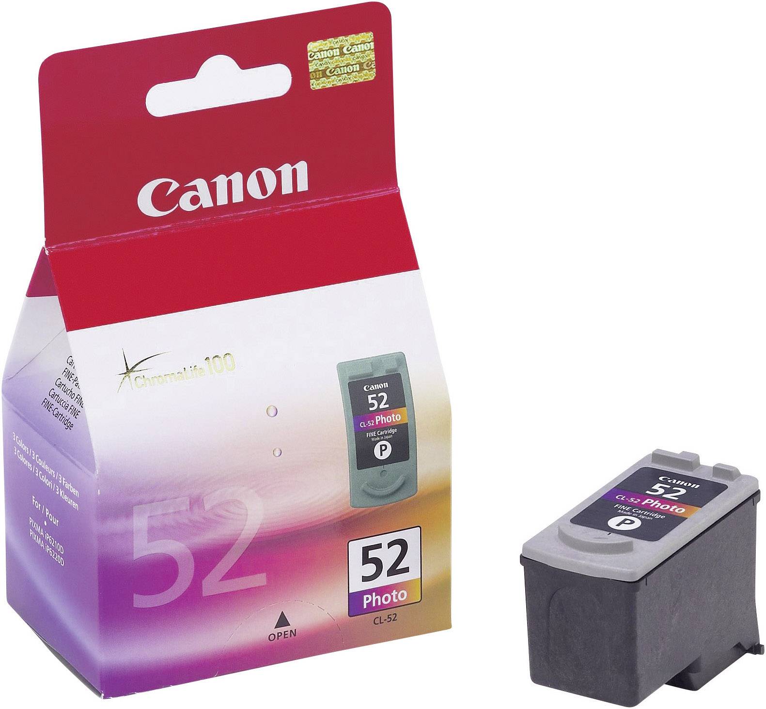 Canon Druckerpatrone CL-52 in Originalverpackung. Die Verpackung zeigt das Canon-Logo und die Aufschrift '52 Photo'.