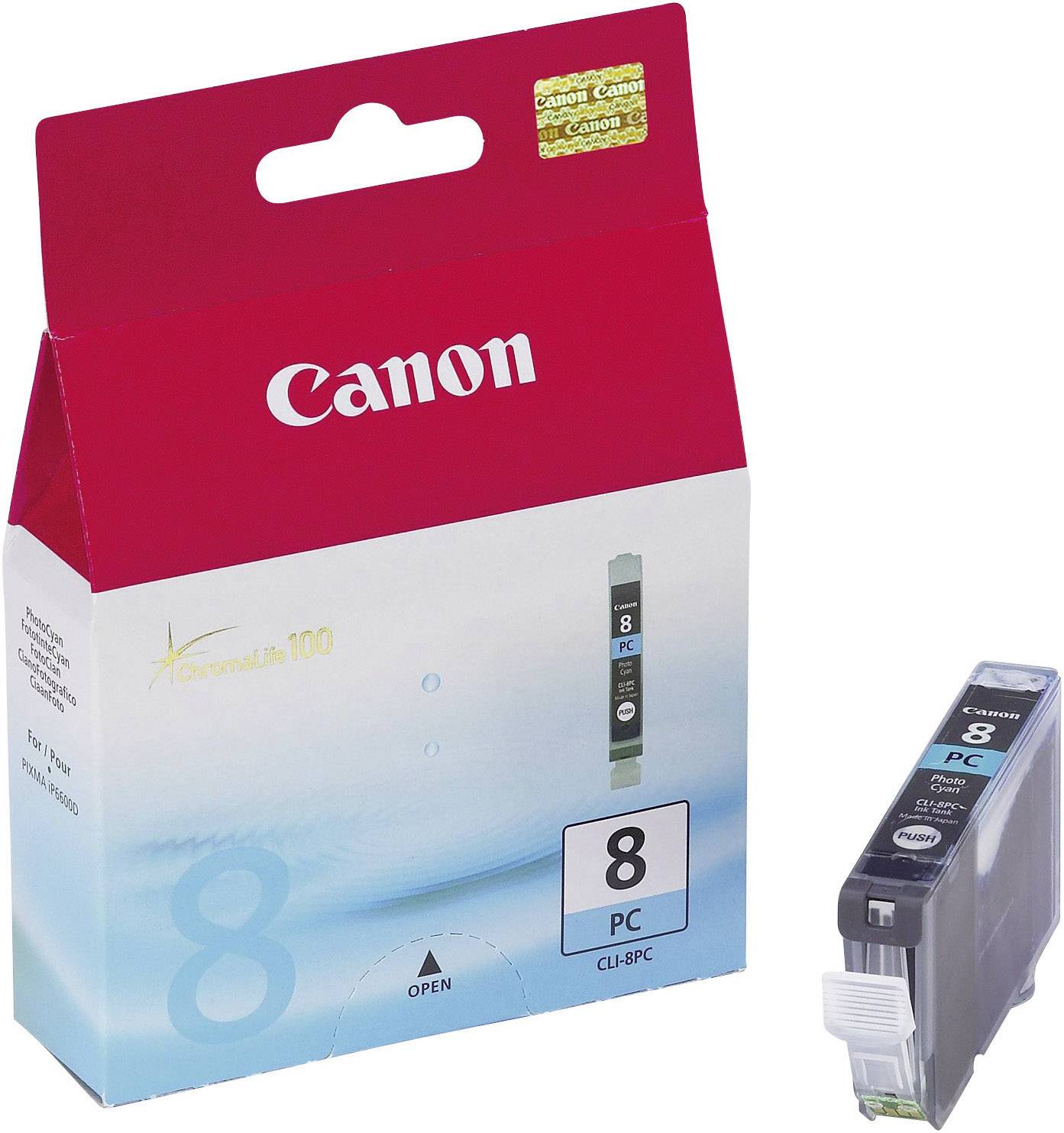 Canon Tintenpatrone CLI-8PC, cyan, neben einer roten Verpackung. Verpackung zeigt Produktbild und Nummer '8 PC'.