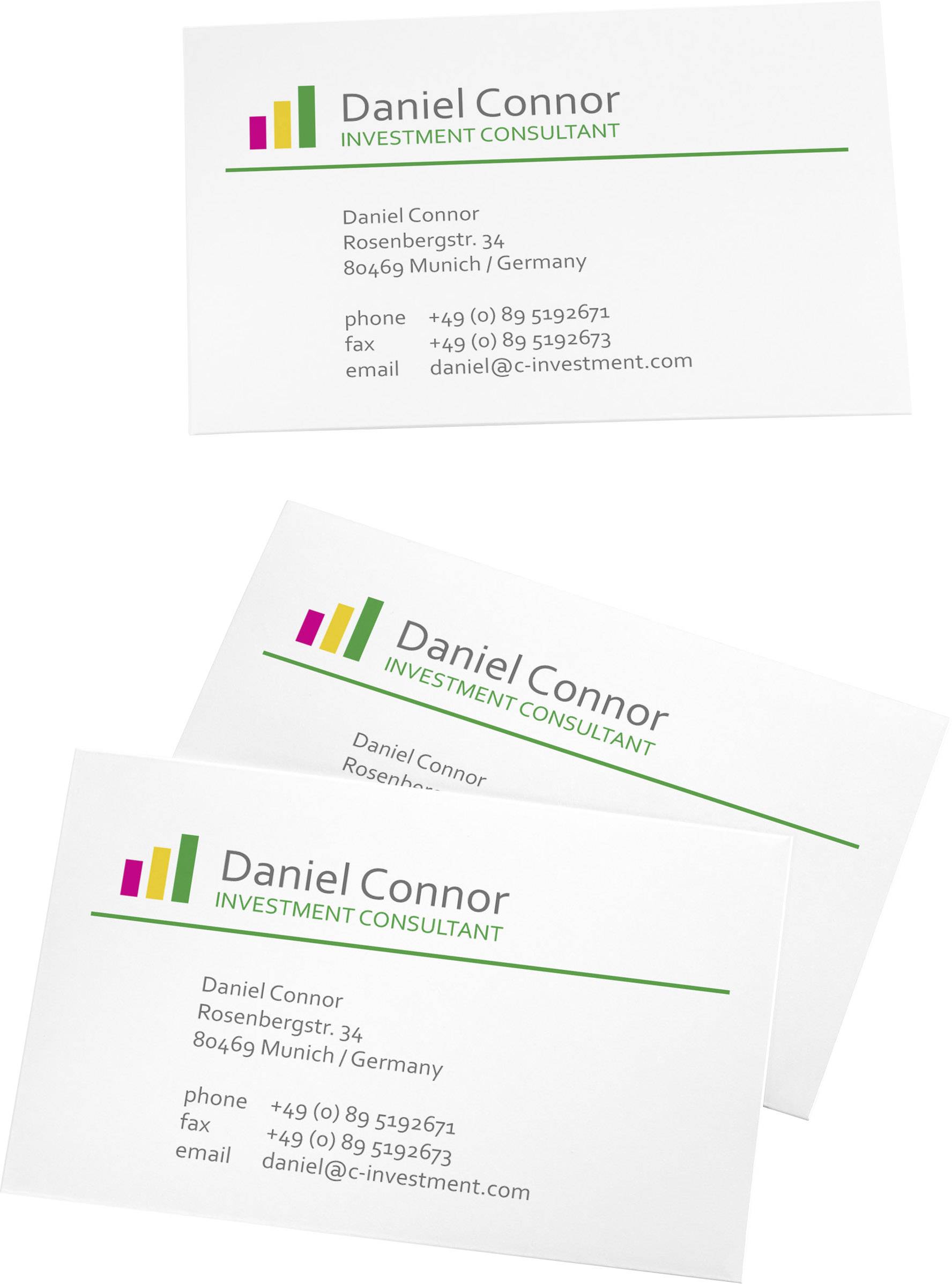 Visitenkarte eines Investmentberaters mit Name 'Daniel Connor', Adresse in München, Kontaktinformationen und bunte Balkendiagramm-Logo.